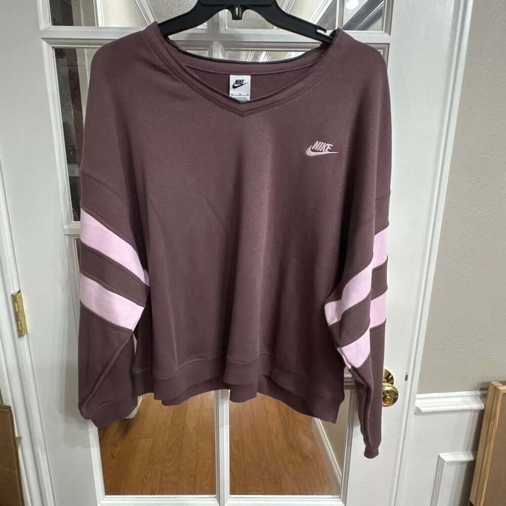 Nike Varsity Stripe V-Neck Sweatshirt Brown Pink